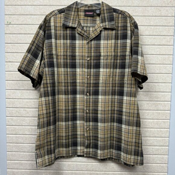 Dickies Men’s Short Sleeve Windowpane Plaid Work Shirt XL Brown Black Button-Up - Picture 2 of 8